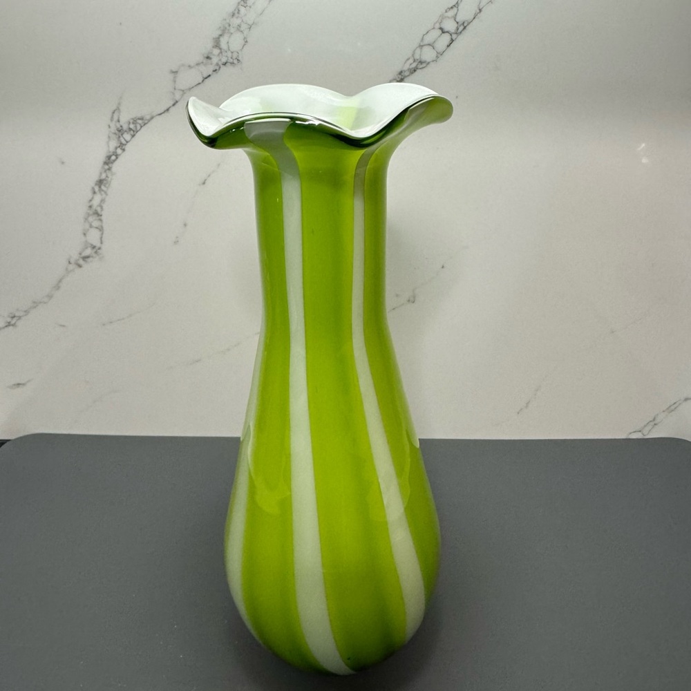 Green and White Striped Glass Vase
